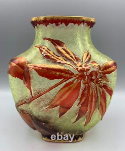 Vr Baccarat Crystal Glass Vase Lobe Acid Cameo Pointsettia Art Nouveau Eglantier