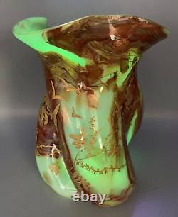 Vr Uranium Uv Opaline Glass Vase Leveille / Rousseau Gilt Art Nouveau Japonisme