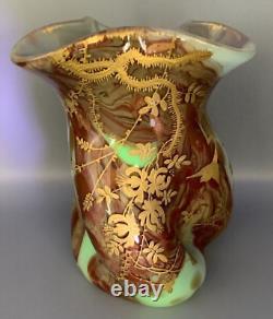 Vr Uranium Uv Opaline Glass Vase Leveille / Rousseau Gilt Art Nouveau Japonisme