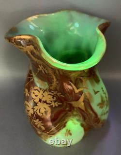 Vr Uranium Uv Opaline Glass Vase Leveille / Rousseau Gilt Art Nouveau Japonisme