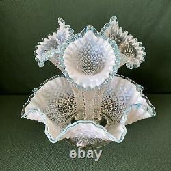 Vtg Fenton Blue Crest French Opalescent Diamond Lace Epergne Hobnail Vase Bowl