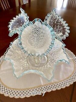 Vtg Fenton Blue Crest French Opalescent Diamond Lace Epergne Hobnail Vase Bowl