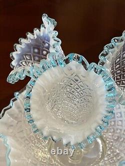 Vtg Fenton Blue Crest French Opalescent Diamond Lace Epergne Hobnail Vase Bowl