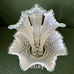 Vtg Fenton Blue Crest French Opalescent Diamond Lace Epergne Hobnail Vase Bowl