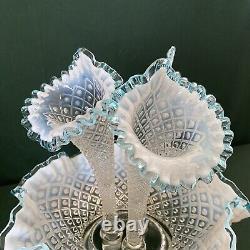 Vtg Fenton Blue Crest French Opalescent Diamond Lace Epergne Hobnail Vase Bowl