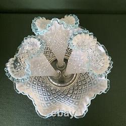 Vtg Fenton Blue Crest French Opalescent Diamond Lace Epergne Hobnail Vase Bowl