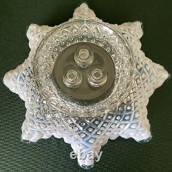 Vtg Fenton Blue Crest French Opalescent Diamond Lace Epergne Hobnail Vase Bowl