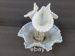 Vtg Fenton Diamond Lace French White Opalescent 3 Horn Epergne Art Glass Vase