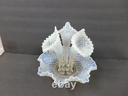 Vtg Fenton Diamond Lace French White Opalescent 3 Horn Epergne Art Glass Vase