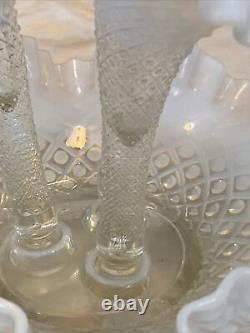 Vtg Fenton Diamond Lace French White Opalescent 3 Horn Epergne Art Glass Vase