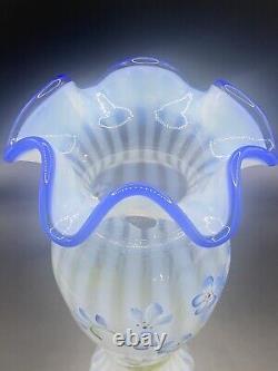 Vtg Fenton French Opalescent Rib Optic Hand Painted Signed'Forget Me Not' Vase