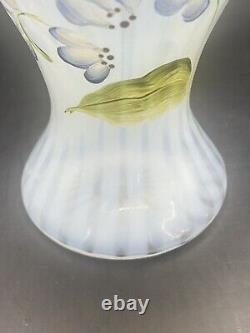 Vtg Fenton French Opalescent Rib Optic Hand Painted Signed'Forget Me Not' Vase