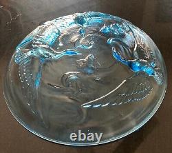 Vtg French Art Deco Glass Bowl with 3D Crane & Coy Fish Blue Glass
