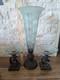 Vtg. French Etched SeaGlass Vase 20.5T, with 2 Matching Compotes, with 22k Gold Trim