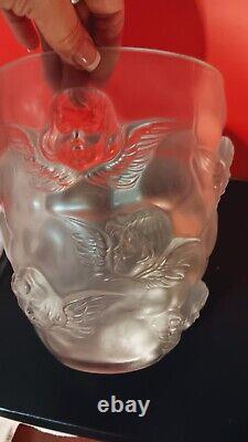 Vtg French Sculpted Lalique-Style Figural Cherub Angel Frosted Glass Vase 9