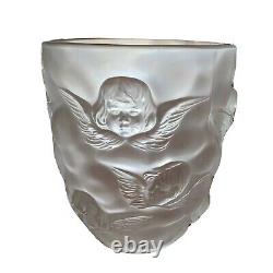 Vtg French Sculpted Lalique-Style Figural Cherub Angel Frosted Glass Vase 9