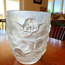 Vtg French Sculpted Lalique-Style Figural Cherub Angel Frosted Glass Vase 9
