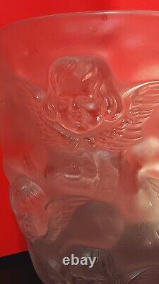 Vtg French Sculpted Lalique-Style Figural Cherub Angel Frosted Glass Vase 9