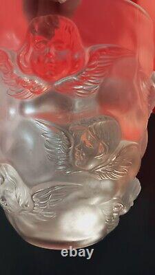 Vtg French Sculpted Lalique-Style Figural Cherub Angel Frosted Glass Vase 9
