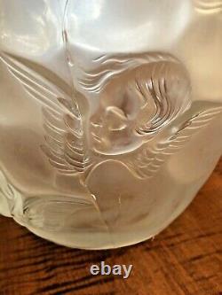 Vtg French Sculpted Lalique-Style Figural Cherub Angel Frosted Glass Vase 9