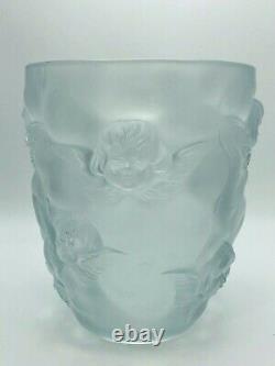 Vtg French Sculpted Lalique-Style Figural Cherub Angel Frosted Glass Vase 9