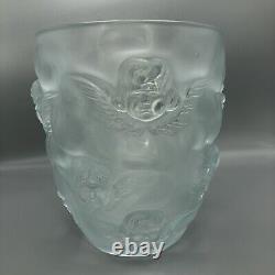 Vtg French Sculpted Lalique-Style Figural Cherub Angel Frosted Glass Vase 9