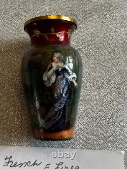 Vtg antique mini miniature enamel hand painted French art glass vase 2.5 Leroy