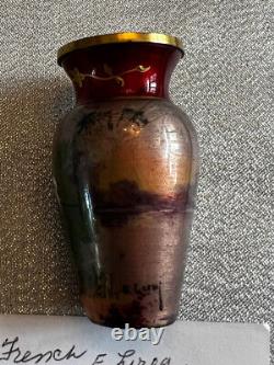 Vtg antique mini miniature enamel hand painted French art glass vase 2.5 Leroy