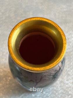 Vtg antique mini miniature enamel hand painted French art glass vase 2.5 Leroy