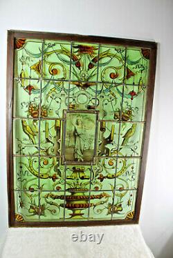 XL french stained glass window mythological art nouveau dragon vase birds rare